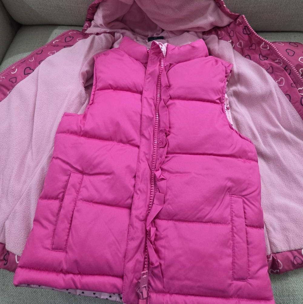 Set Of 2 Pink Heart Patterned Puffer Jacket and Vest